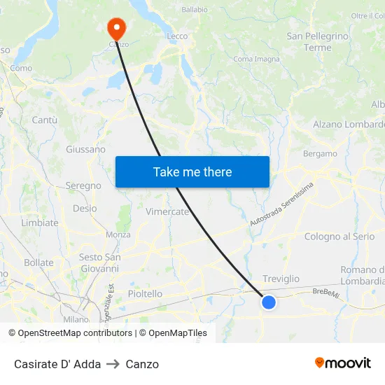 Casirate d'Adda to Canzo map