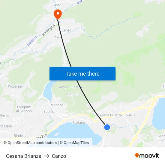 Cesana Brianza to Canzo map