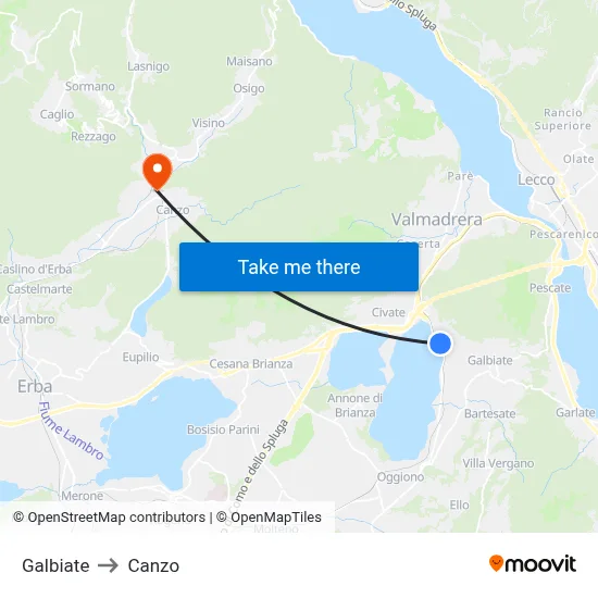 Galbiate to Canzo map