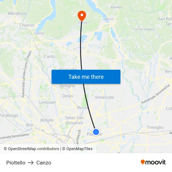 Pioltello to Canzo map