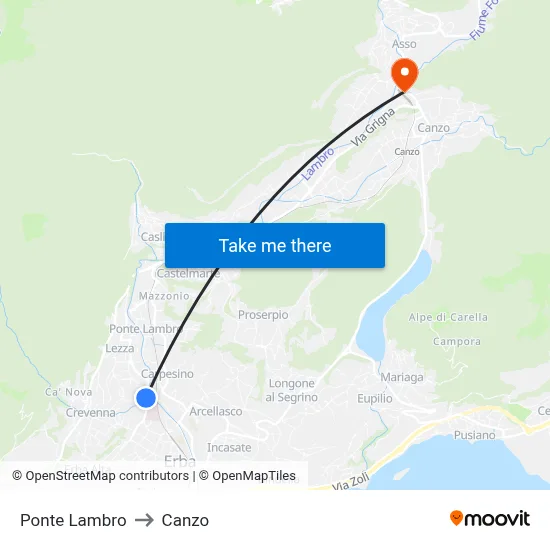 Ponte Lambro to Canzo map