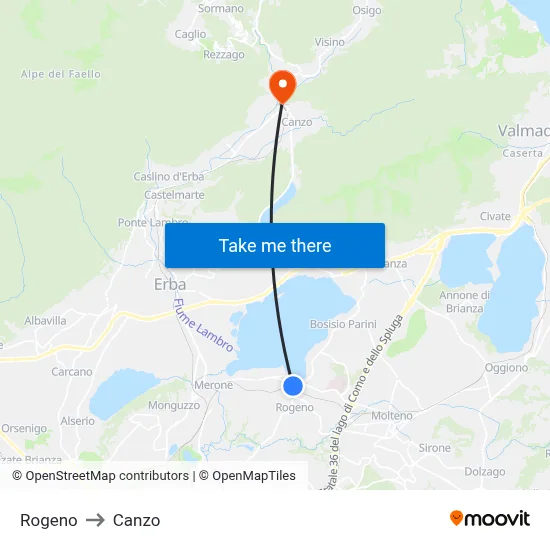 Rogeno to Canzo map