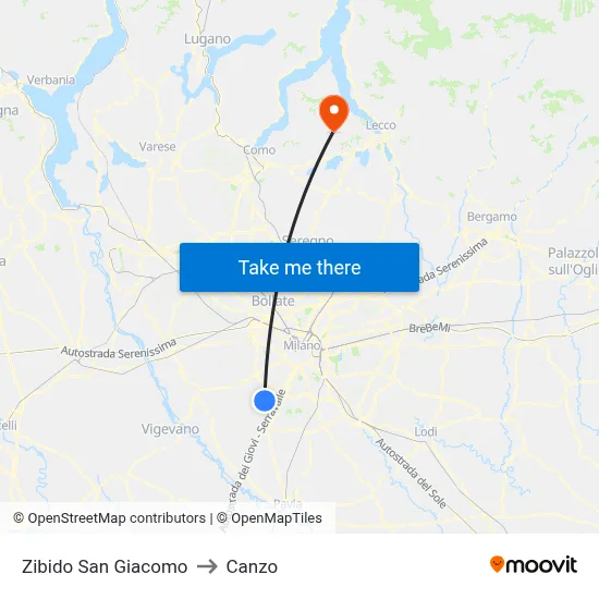 Zibido San Giacomo to Canzo map