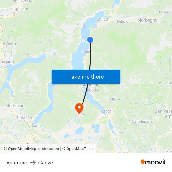 Vestreno to Canzo map
