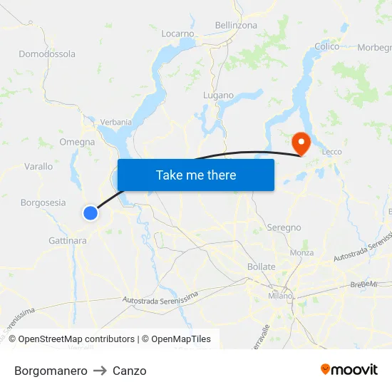 Borgomanero to Canzo map