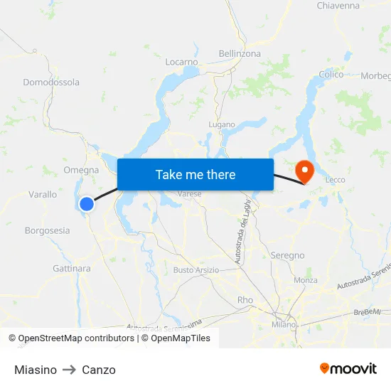 Miasino to Canzo map