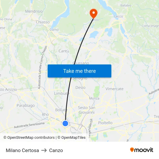 Milano Certosa to Canzo map