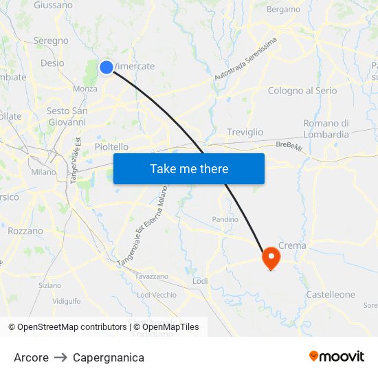 Arcore to Capergnanica map