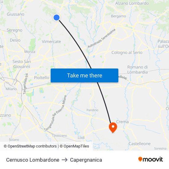 Cernusco Lombardone to Capergnanica map