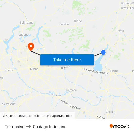 Tremosine to Capiago Intimiano map