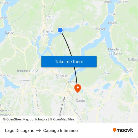 Lake of Lugano to Capiago Intimiano map
