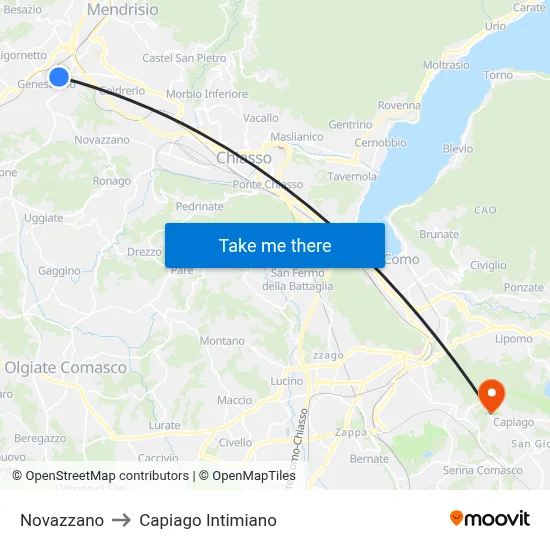 Novazzano to Capiago Intimiano map