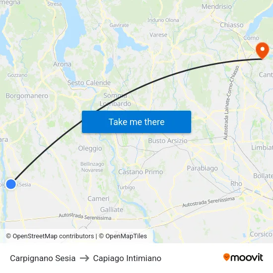 Carpignano Sesia to Capiago Intimiano map
