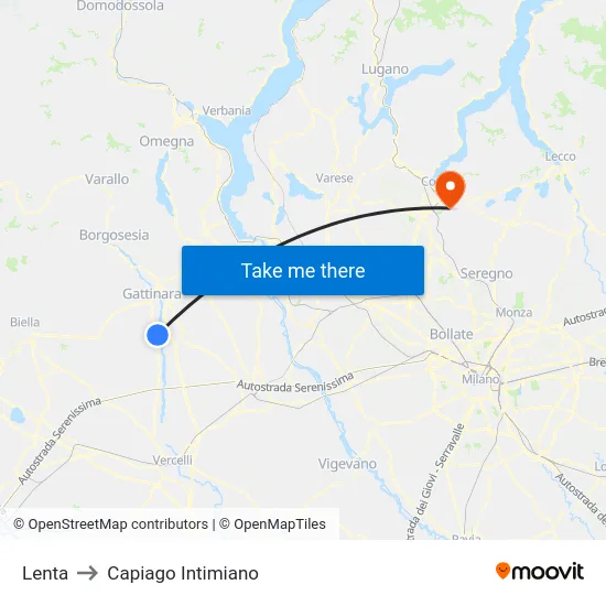 Lenta to Capiago Intimiano map