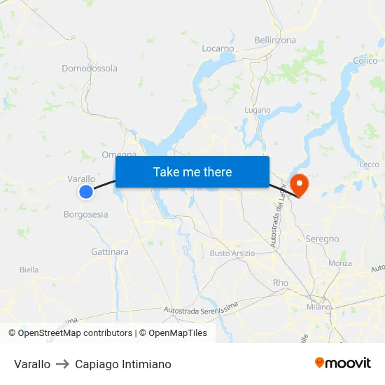 Varallo to Capiago Intimiano map