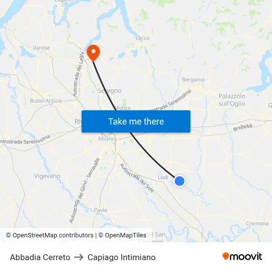 Abbadia Cerreto to Capiago Intimiano map