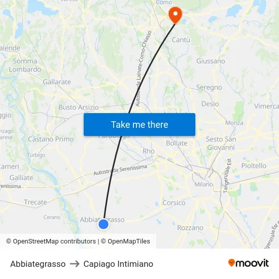 Abbiategrasso to Capiago Intimiano map