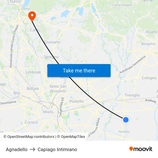 Agnadello to Capiago Intimiano map