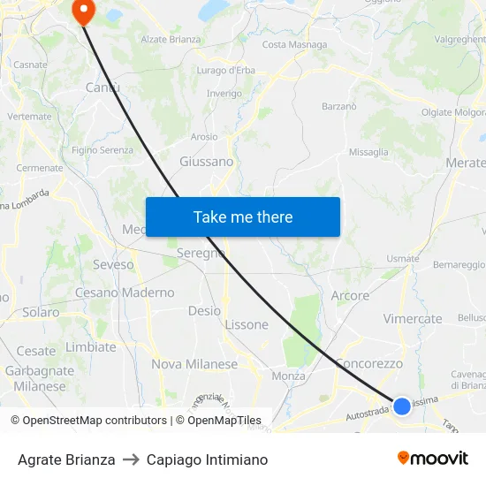 Agrate Brianza to Capiago Intimiano map