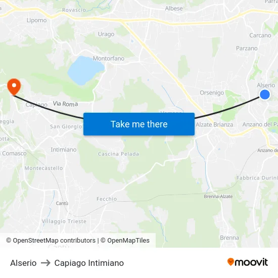 Alserio to Capiago Intimiano map
