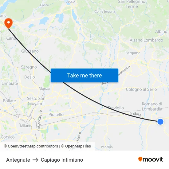 Antegnate to Capiago Intimiano map