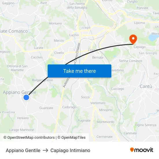 Appiano Gentile to Capiago Intimiano map