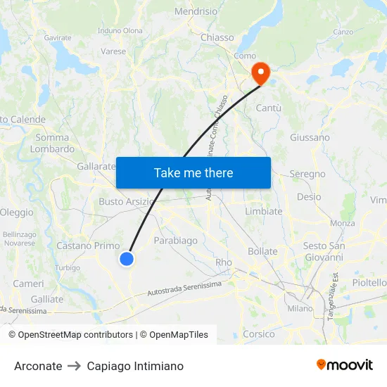 Arconate to Capiago Intimiano map