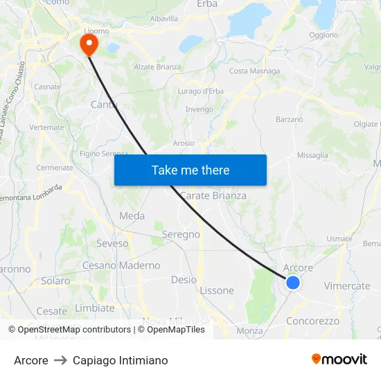 Arcore to Capiago Intimiano map