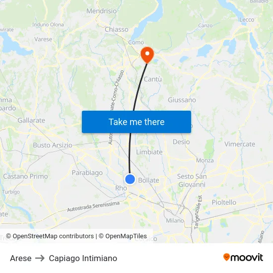 Arese to Capiago Intimiano map