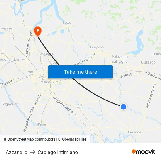 Azzanello to Capiago Intimiano map