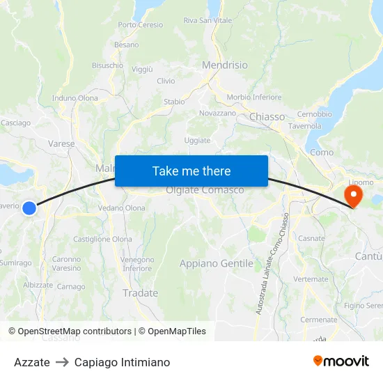 Azzate to Capiago Intimiano map