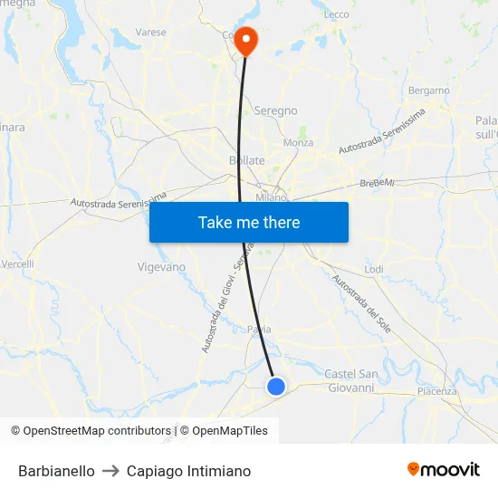 Barbianello to Capiago Intimiano map