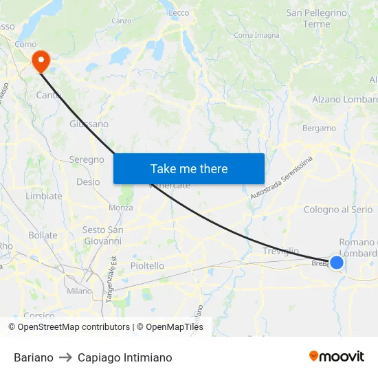 Bariano to Capiago Intimiano map