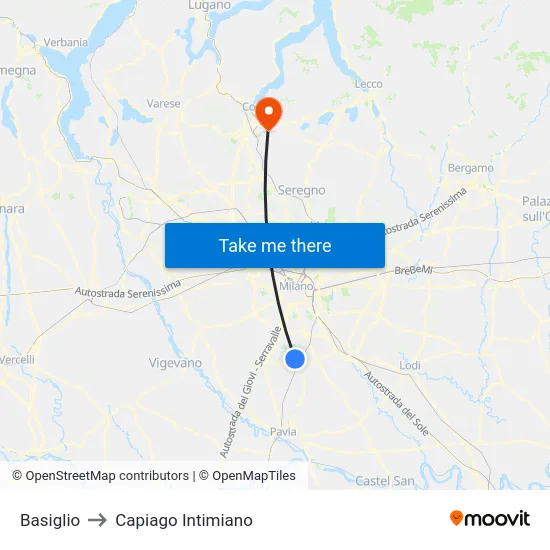 Basiglio to Capiago Intimiano map