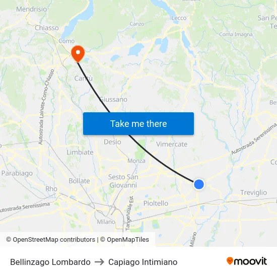 Bellinzago Lombardo to Capiago Intimiano map
