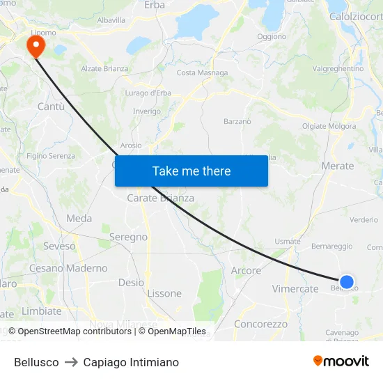 Bellusco to Capiago Intimiano map