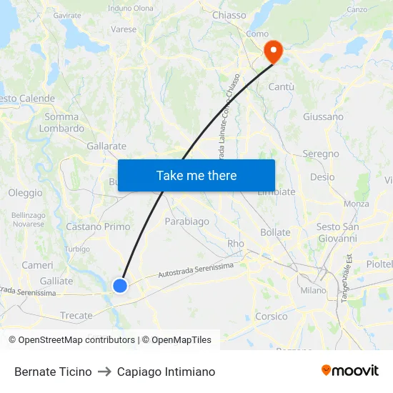 Bernate Ticino to Capiago Intimiano map