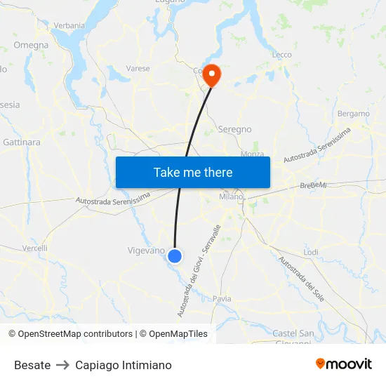 Besate to Capiago Intimiano map
