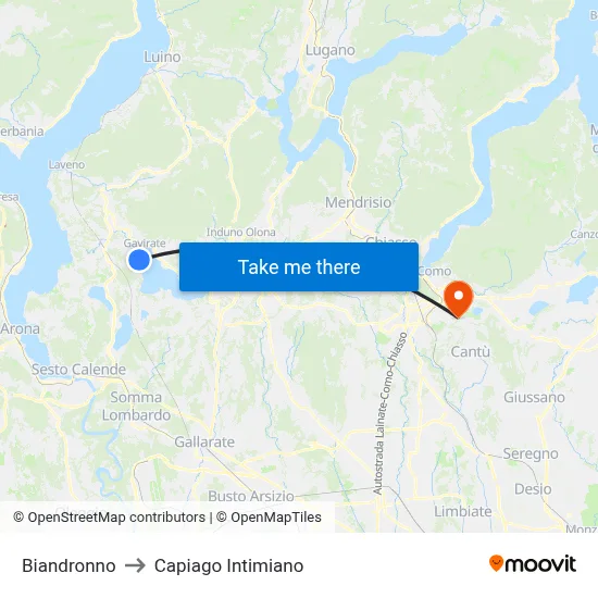 Biandronno to Capiago Intimiano map