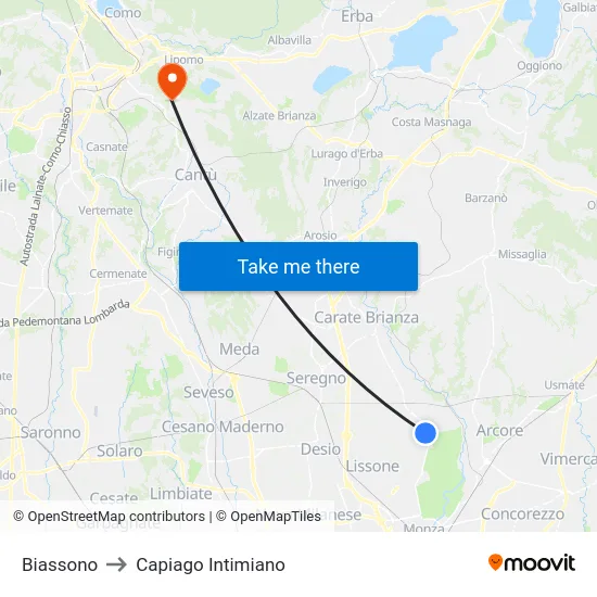 Biassono to Capiago Intimiano map
