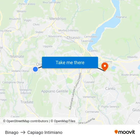 Binago to Capiago Intimiano map