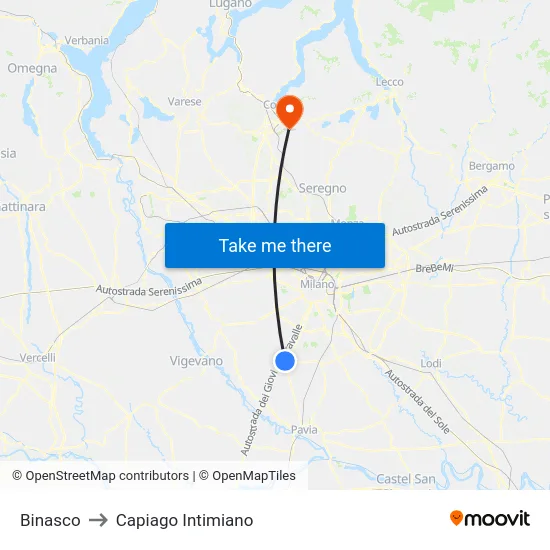 Binasco to Capiago Intimiano map