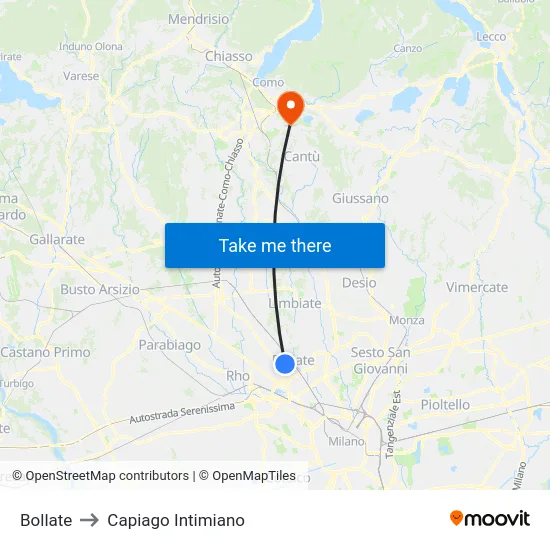 Bollate to Capiago Intimiano map
