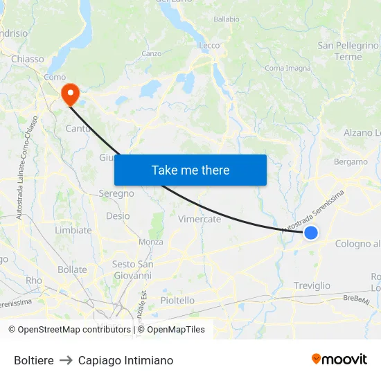 Boltiere to Capiago Intimiano map