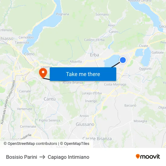 Bosisio Parini to Capiago Intimiano map