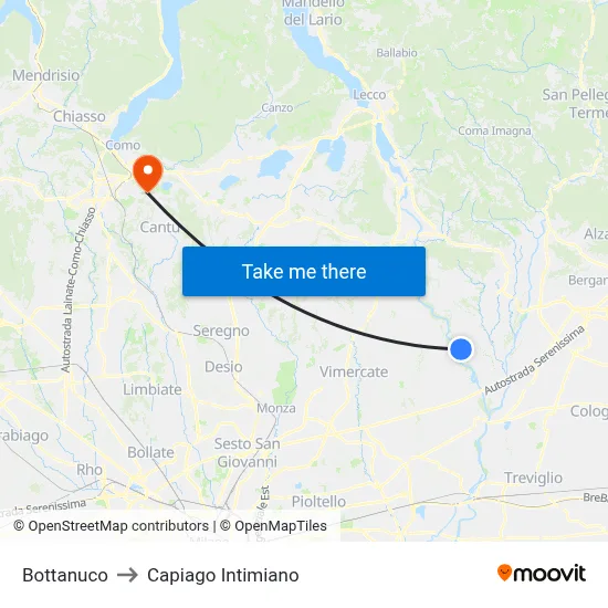 Bottanuco to Capiago Intimiano map