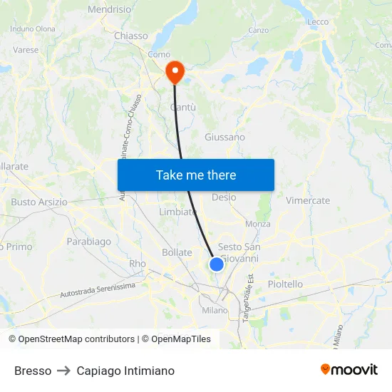 Bresso to Capiago Intimiano map