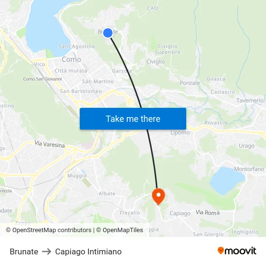 Brunate to Capiago Intimiano map