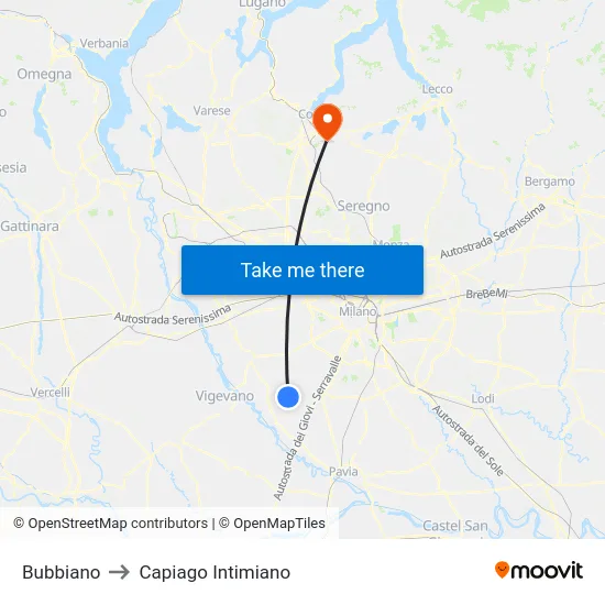 Bubbiano to Capiago Intimiano map