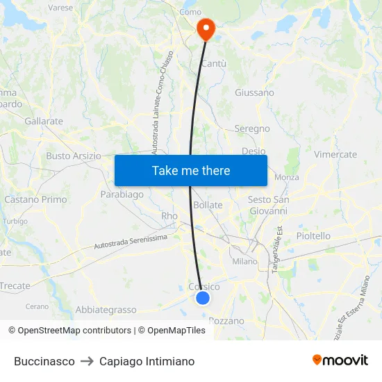 Buccinasco to Capiago Intimiano map